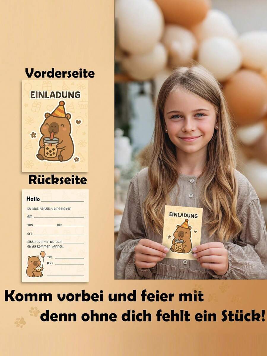 12张卡通水豚主题生日派对邀请函，适合儿童、性别揭晓派对、婴儿派对游戏用品 - 彩色 - 查看 1