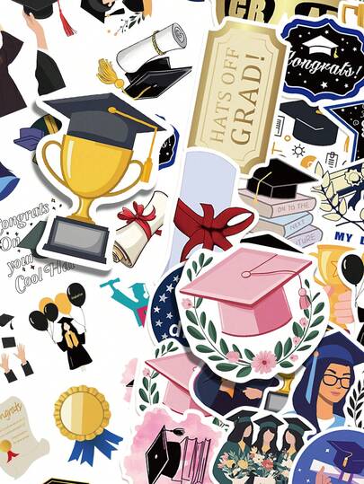 50pcs Graduation Season Stickers Aesthetic Vibes For Journal, Phone Case, Tablet, Water Bottle, Desk, Helmet, Bike, Luggage, Waterproof Decals