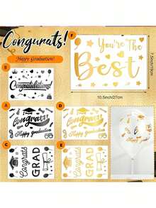 Graduation Balloon Stickers, Graduation Party Decoration Transfer Film Stickers, Self-Adhesive "Congratulations On Graduation" Gold And Black Text, Graduation Cap, Diploma, And Heart-Shaped Decorative Stickers. Suitable For DIY Party Decorations. - View 3