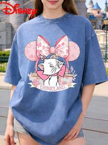 Disney Mary Print Pattern, Summer Washed Short Sleeved Solid Color Small Round Neck Retro Versatile Outfit - Blue - View 1