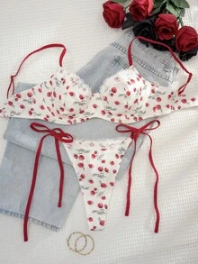1 Set Women's Printed Lace Patchwork Underwire Soft Cup Comfortable Lingerie Set - Apricot - View 1