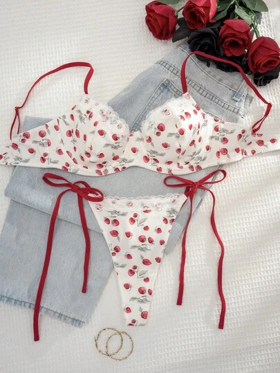 1套女士印花蕾丝拼接钢圈软杯舒适内衣套装