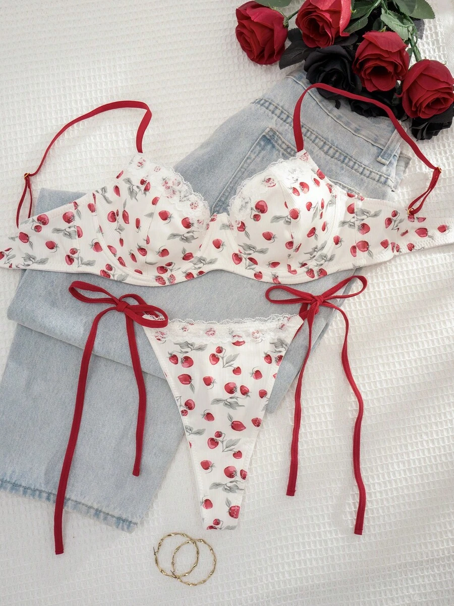 1 Set Women's Printed Lace Patchwork Underwire Soft Cup Comfortable Lingerie Set - Apricot - View 1