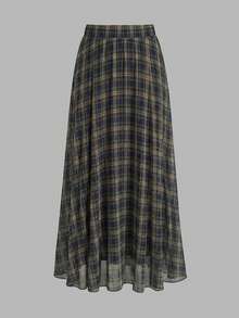 Chân váy xếp ly chữ A kẻ caro xanh dương, cạp chun, thanh lịch dành cho nữ, thích hợp mặc đi làm hàng ngày vào mùa xuân. - Lưới màu xanh - Xem 2