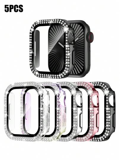 5pcs/Set Men Women Rhinestone Decor Anti-Scratch Tempered Film Watch Case Glamorous Fashionable Screen Protector Case, For Apple Watch Case 40/41/42/44/45/46/49mm, For Apple Watch Series Ultra/SE/11/10/9/8/7/6/5/4, Intelligent Watch Case Accessories
