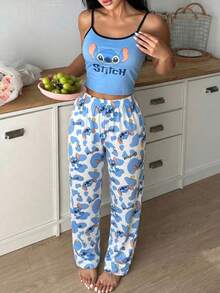 Disney 两件套女士字母卡通印花吊带背心和阔腿裤休闲家居服套装 - 彩色 - 查看 2