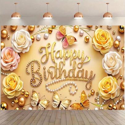 1幅2D平面横幅，奢华金色花卉生日横幅 - 金玫瑰、珍珠蝴蝶设计，适用于室内/室外墙面装饰、花园派对背景、优雅生日庆典装饰、拍照道具、家居活动，完美礼物