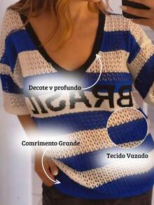 Women's T-Shirt Brazil Striped Knit Oversized Short Sleeve Knit Blouse Fashion World Cup - Xanh lá vàng - Xem 2