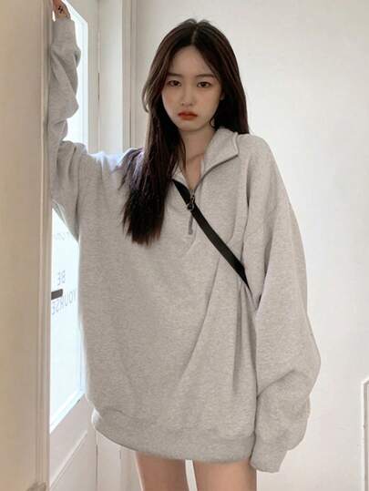 ポロネック ドロップショルダー オーバーサイズ スウェットシャツ、長袖 カジュアル トップス 春