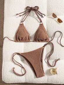 Bộ bikini hở lưng thanh lịch, thích hợp cho kỳ nghỉ biển. - Màu Khaki - Xem 3