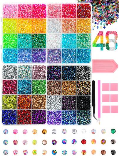 4 Boxes Of 12-Grid Colorful 3mm Flatback Rhinestones For Nail Art, Phone Case Decoration, Clothing, Book Covers, Shoe Uppers, And Other Artistic Applications; Includes A Rhinestone Tray And Picking Tool.