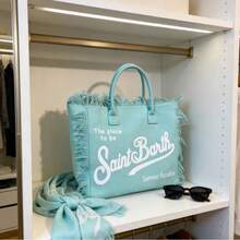 New Spacious Shoulder Bag, Handcrafted With Fringe And Denim Print, Ideal For Beach Trips, Commuting To Work And Everyday Use. - Mint Green - View 3