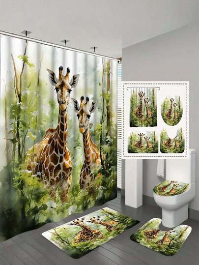 可水洗涤纶长颈鹿印花浴帘，带挂钩 - 丛林森林主题设计，两只长颈鹿在树叶丛中，四季皆宜的浴室装饰，保护浴缸隐私，现代家居饰品，长颈鹿装饰