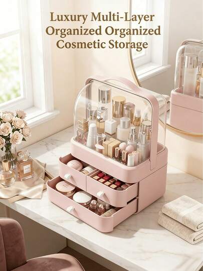 大容量化妆品收纳盒，抽屉式梳妆台整理盒，化妆品和珠宝收纳容器，适用于存放化妆品和装饰品，返校季、家居装饰、夏季送礼佳品，适用于卧室、浴室、客厅、宿舍、梳妆台，旅行必备
