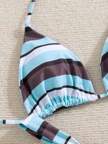 Women's Bikini Set Set, Halter Tie Backless Ladies Swimwear, Blue & Brown Striped Print High Elasticity Fabric, Suitable For Party, Music Festival, Valentine's Day, Beach Outfit, Elegant Ladies Beach Bikini Set Vacation Summer - Multicolor - View 6