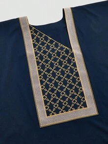 三件套藏蓝色男士阿格巴达套装，包括优雅的金色刺绣长袍、达希基衬衫和松紧腰裤，男士西装，传统非洲服饰，适合仪式、婚礼、文化庆典和节日穿着，非洲男士时尚，皇家优雅风格 - 藏蓝色 - 查看 7