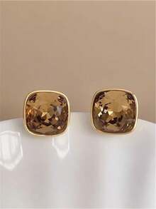 1 Pair Fashionable Cute Metal Geometric Square Caramel Crystal Stud Earrings, Women's Party, Banquet, Holiday Jewelry Accessories, Daily Wear - Gold - View 3
