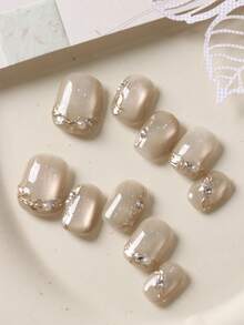 10片装金色线条米色猫眼美甲贴片，短款办公日常佩戴假指甲套装，包含1张粘性贴片和1个迷你指甲锉。 - 彩色 - 查看 3