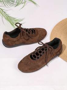 新款女士休闲运动鞋，棕色多功能徒步鞋，镂空圆头系带，舒适平底轻便日常户外徒步通勤鞋 - 棕色 - 查看 4