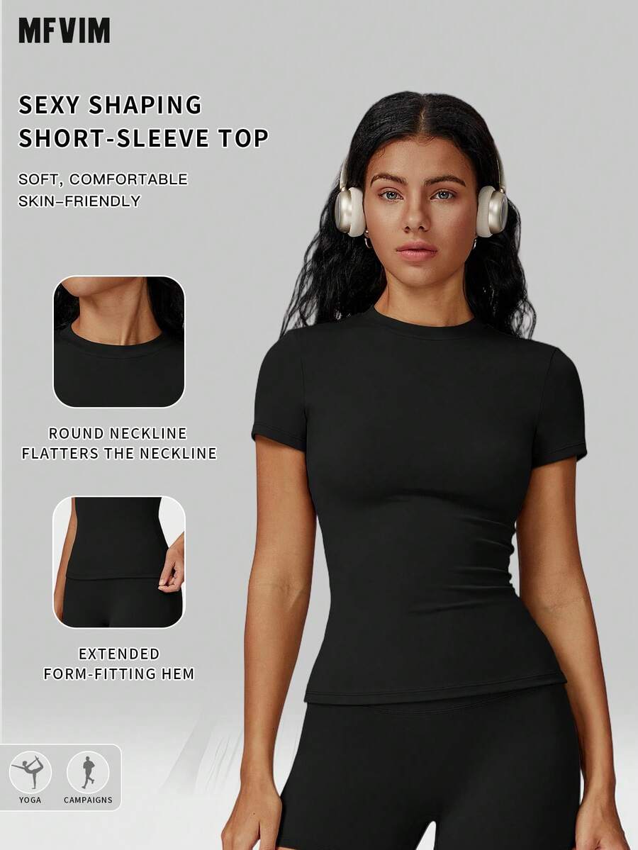 Áo thun thể thao tay ngắn mùa xuân/hè MFVIM dành cho nữ, kiểu dáng ôm sát, có đệm eo, chất liệu co giãn cao, mềm mại, thân thiện với da, áo thể thao thường ngày phù hợp cho đi làm, hoạt động ngoài trời, chạy bộ, yoga, pilates, tập gym.