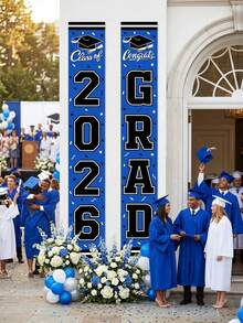 2pcs-Class Of 2026 Graduation Door Banners, Blue Graduation Porch Signs With Grad Cap & Diploma Print, Durable Polyester Decor For Graduation Party - Multicolor - View 3