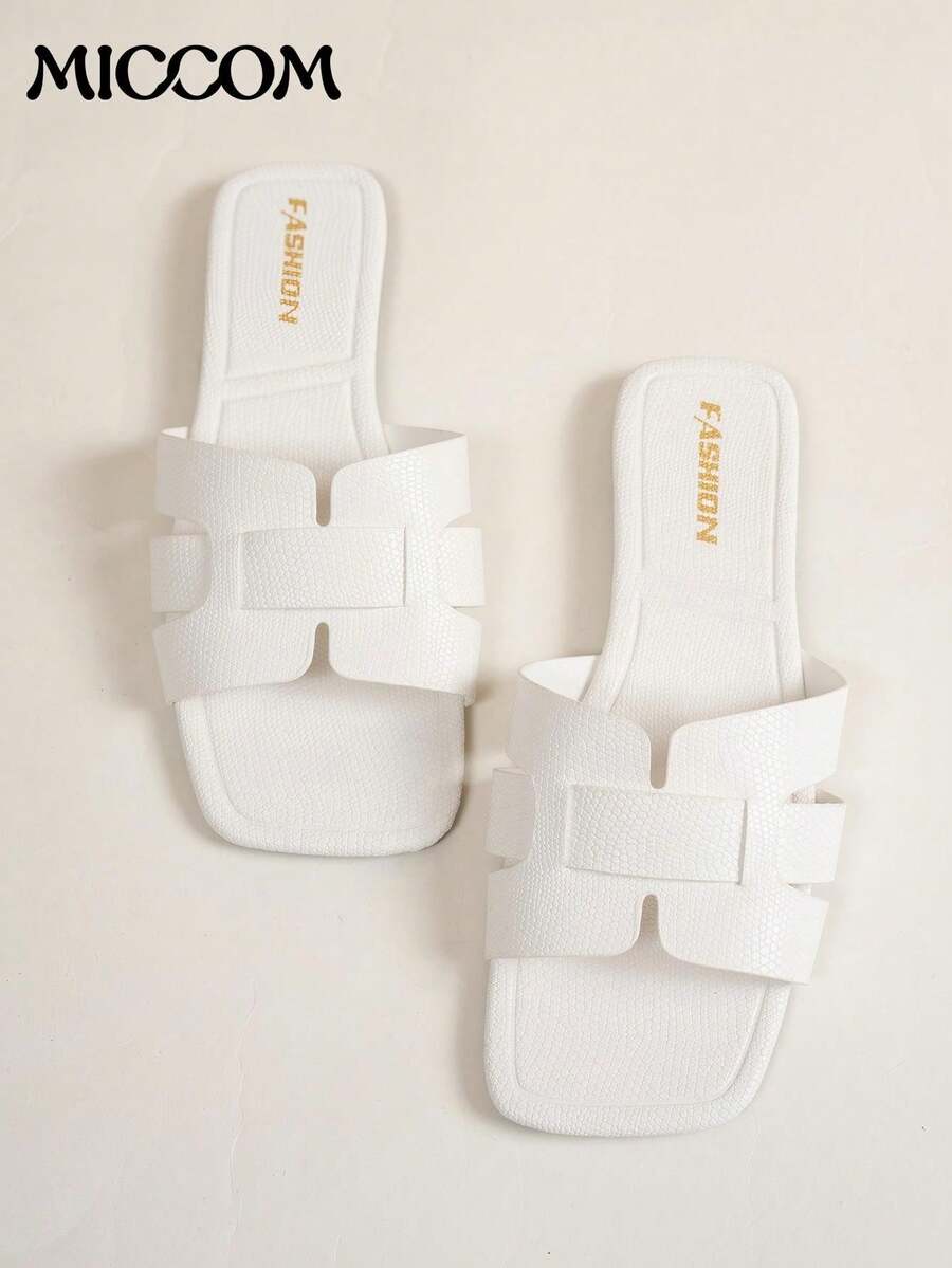 Women's Fashion Square Toe Flat Slippers, Versatile Ladies' Sandals For Spring And Summer - White - View 1