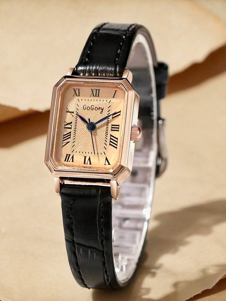 女士PU皮表带腕表，复古英伦风小表盘石英表，小众奢华时尚，适合节日、派对、婚礼、返校季、圣诞节、感恩节、万圣节、复活节等各种场合，是送给女性的最佳礼物。 - 黑色 - 查看 1