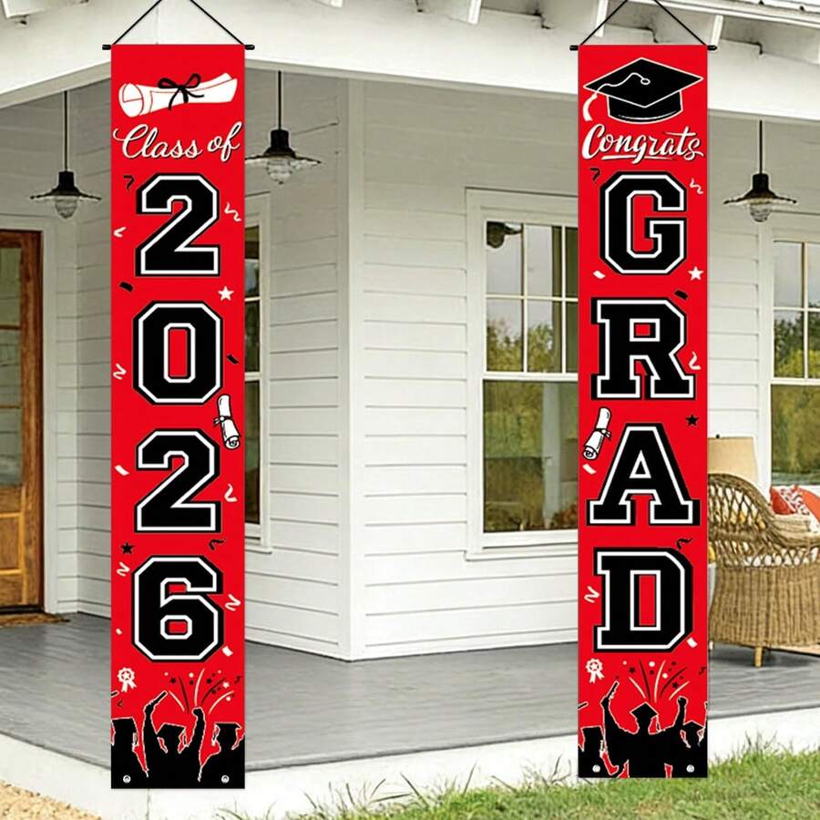 2件装，2D平面，2026毕业季派对门廊横幅，2026毕业季对联，红黑配色，适合节日派对和毕业典礼庆祝活动，用途广泛，可用于家居、花园、工作室和户外生日派对的装饰，也可用于入口、房间、花园墙壁装饰，是节日礼物的理想选择。