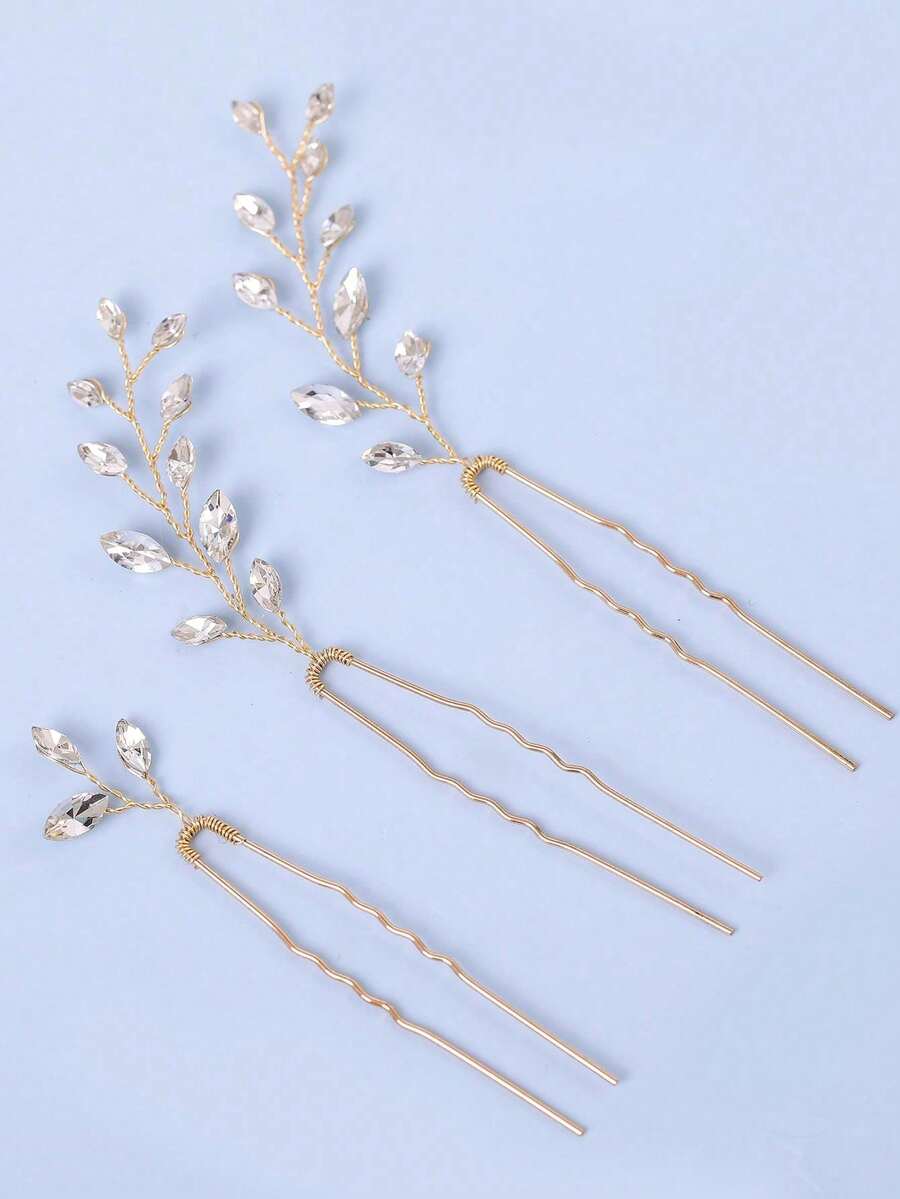 3pcs Women Elegant Rhinestone Hair Clips Set, Wedding Party Updo Hair Accessories - Gold - View 1