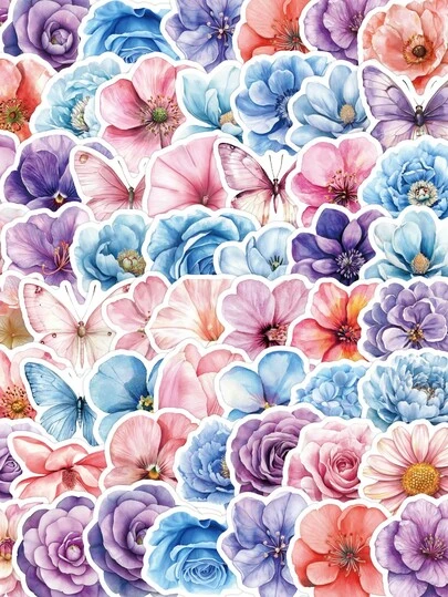 50 Pcs Watercolor Floral And Butterfly Themed Vinyl Sticker Bundle, Delicate Decals For Adults To Decorate Laptops Water Bottles Skateboards Luggage, Elegant Rose Peony And Butterfly Designs For Adding A Graceful Touch To Daily Essentials And Office Gear, Soft Color Patterns For Personalizing Personal Items And Expressing A Graceful Mindset