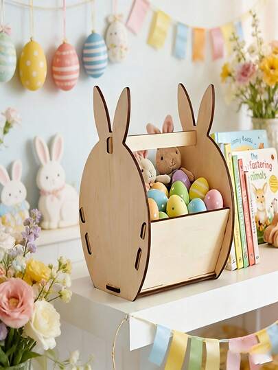1pc Wooden Easter Bunny Egg Basket, Creative Craft Decor Suitable For Party And Home