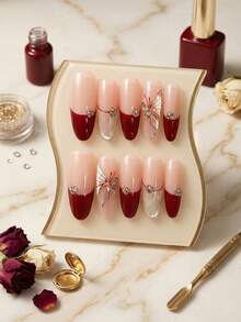 10Pcs Burgundy Gold Butterfly Press On Nails Elegant Design For Party And Daily Use - Multicolor - View 3