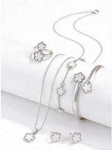 1 Set Jewelry For Women Includes 1 Necklace With Clover Pendant, 1 Bracelet, 1 Pair Of Earrings, 1 Ring, 1 Bangle - 銀色 - 查看 4