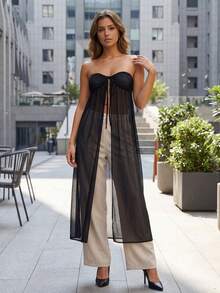 Women's Long Halter Tops Summer Fashionable Solid Color Mesh Patchwork Backless Sleeveless Vest - Negro - Ver 5
