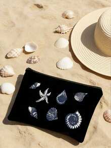 Lebendiges tropisches Muschel- und Seestern-Muster Tragetasche Set, Schultertasche mit großer Kapazität und passendem Clutch, Boho Ozean-Motiv Strandtasche, leichte Sommer-Urlaubstasche für Frauen, wiederverwendbare Einkaufstasche für Pendeln, Einkaufen, Strand, Picknick, Camping, Fitness, Reisen und Arbeit - Verschiedenfarbig - Übersicht 13