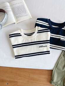 Young Boy Striped & Letter Print Short Sleeve T-Shirt, Casual Summer - Black and White - View 6