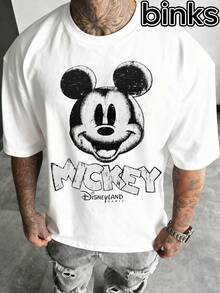 Disney Black And White Graffiti Mickey Mouse Pattern Short Sleeved T-Shirt, Cartoon Element Fashionable Loose Short Sleeved Street Style T-Shirt, Spring And Summer Fashionable Versatile Top - 白色 - 查看 1