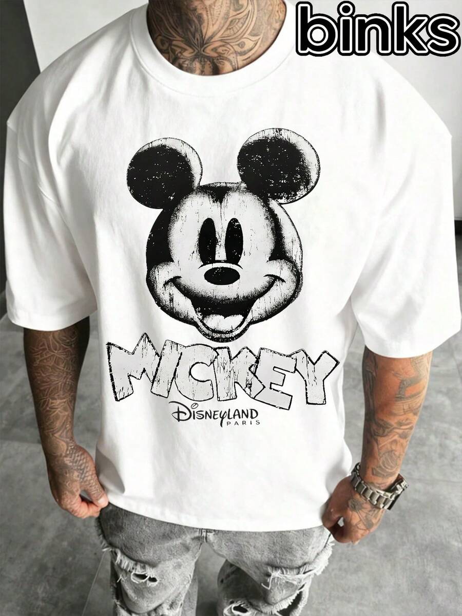 Disney Black And White Graffiti Mickey Mouse Pattern Short Sleeved T-Shirt, Cartoon Element Fashionable Loose Short Sleeved Street Style T-Shirt, Spring And Summer Fashionable Versatile Top - trắng - Xem 1