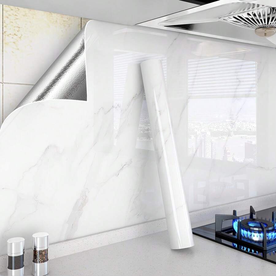 1卷，厨房大理石纹防油贴纸，自粘可移除，适用于厨房橱柜、炉灶台面、家居装饰和家具桌面翻新贴纸 - 大理石自黏牆紙 - 查看 1