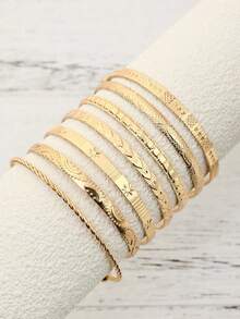 7pcs European And American Style Bracelet Set, Including Hammered, Arrow, Floral, Exaggerated Hexagon, Twist Open Bracelets, Fashion Jewelry Gift - Multicolor - View 2