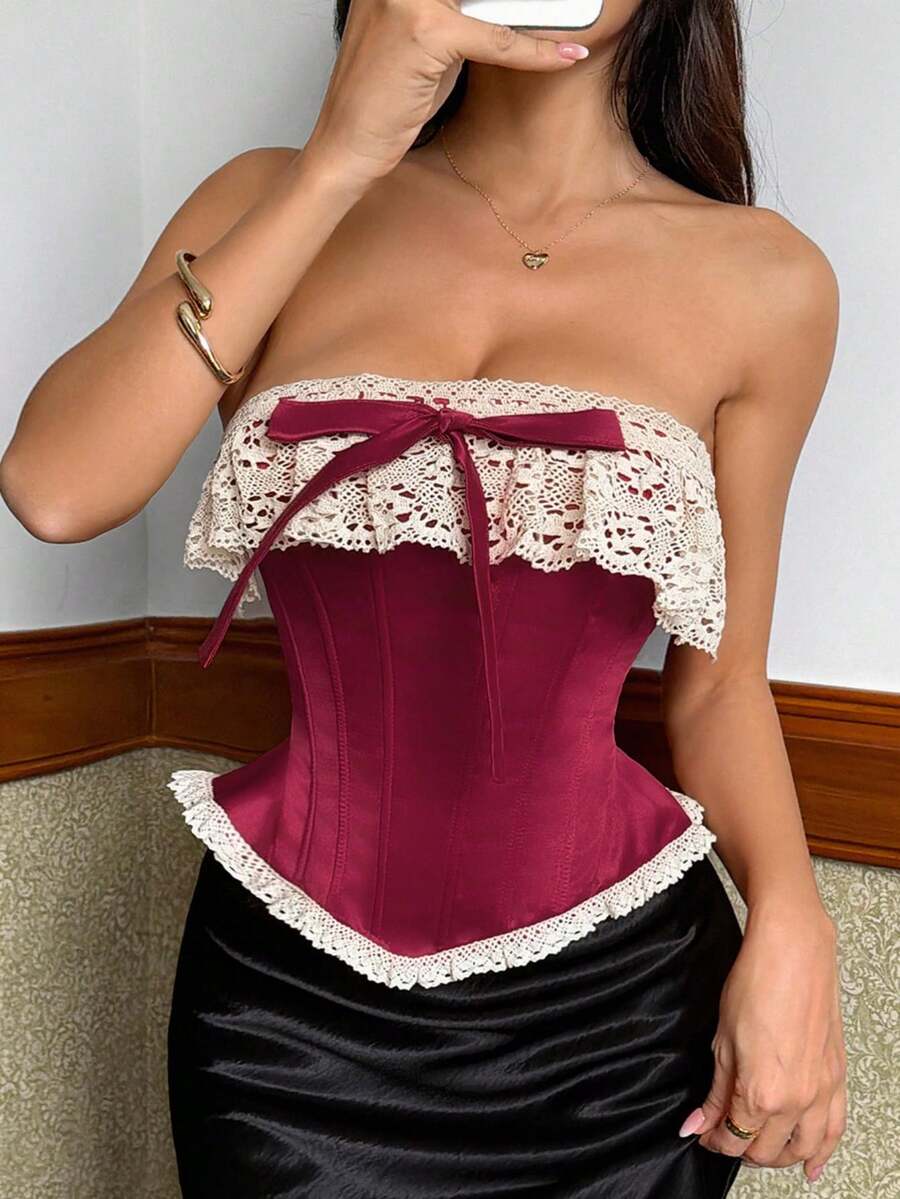 Luna Muse 女士复古酒红色蕾丝抹胸露脐上衣，宫廷风紧身束身吊带背心，饰有蝴蝶结，性感迷人，优雅高端，适合日常、休闲、派对、假日、约会、街头、演出、音乐节、情人节、新年等场合穿着 - 酒紅色 - 查看 1