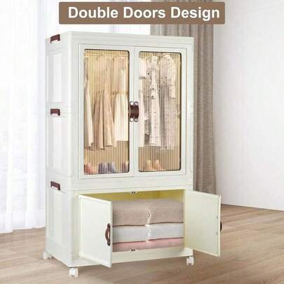 Portable Wardrobe Closet With Lids And, Movable Clothes Storage With Coat Hangers, White