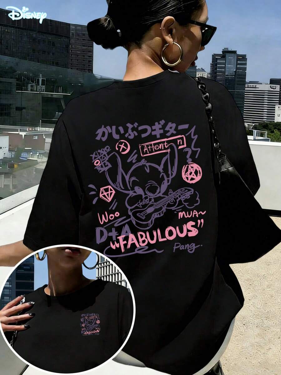 Disney Stitch Guitar Oversized T-Shirt: White Loose Fit Cotton Tee With Hand-Drawn Graffiti Graphic, Perfect For Theme Park Visits, Casual Wear And Lilo & Stitch Fans, Ideal Gift - màu đen - Xem 1