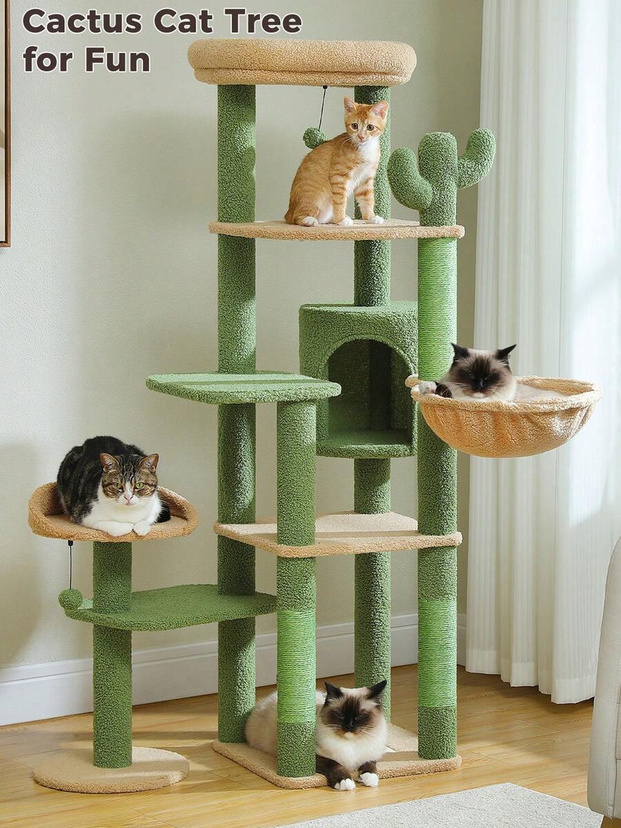 PAWZ Road 59" Cat Tree, Tall Cat Tree For Large Cat, Multi-Level Cat Tower With 3 Removable Pompom Sticks, Cat Tree For Indoor Cats, Cat Condo With Large Hammock, Scratching Post, And 2 Perches, Green - màu xanh lá - Xem 1
