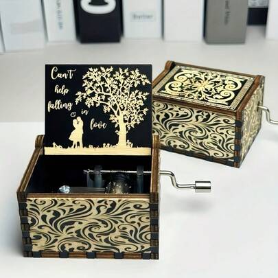 1pc Vintage Wooden Music Box With "Can't Help Falling In Love" Song, Featuring Elegant Swirl And Tree Design, Romantic Nostalgic Home Decor, Perfect For Anniversary, Wedding And Holiday Gifts, Ideal Accent For Music Room