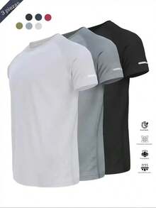 Camiseta Deportiva para Hombre con Diseño Reflectante, Transpirable Secado Rápido, Manga Corta para Gimnasio [2026 Nuevo] - Negro-negro-azul - Ver 10