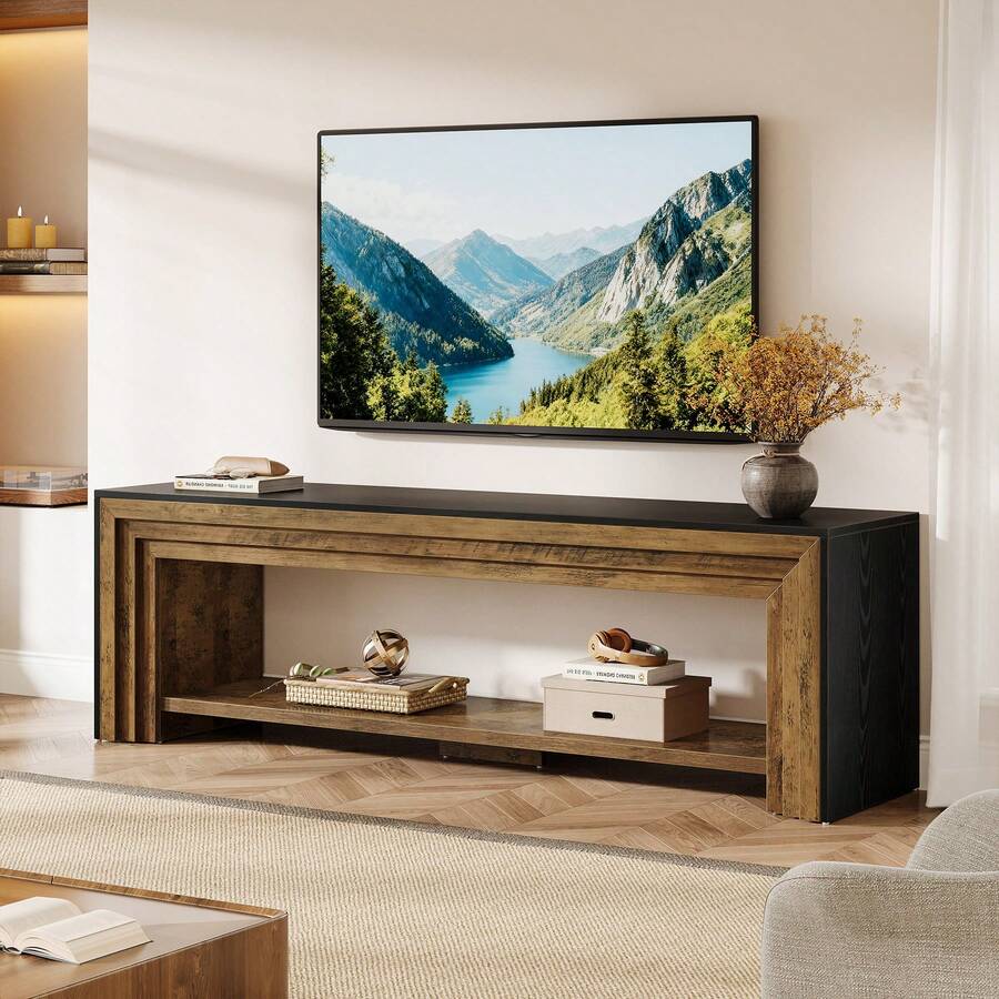 LITTLE TREE 70" TV Stand For 65/70/75-Inch TVs, Farmhouse Long Entertainment Center With Open Storage Shelves, Low Media Console, Wooden Television Stand For Living Room, Bedroom, Rustic Brown & Black - Rustic Brown & Black - 查看 1