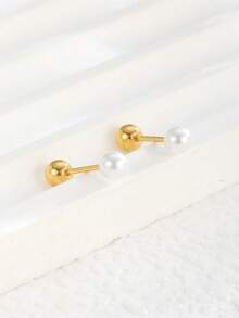一对优雅仿珍珠耳钉，适合女孩佩戴，时尚派对饰品，儿童生日礼物及日常佩戴皆宜。 - 金色 - 查看 3