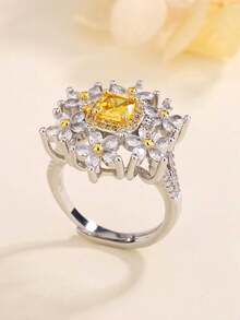 Nhẫn thời trang hình hoa rỗng bốn chấu vuông màu vàng đính đá Cubic Zirconia tổng hợp, thiết kế mở có thể điều chỉnh, quà tặng đính hôn cho nữ. - trắng - Xem 3