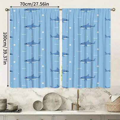 2pcs Pixel Style Blue Shark Pattern Semi-Blackout Curtains, No Drill Rod Design, Cartoon Cute Style For Living Room, Kitchen, Home Decor, Polyester Fabric, Machine Washable